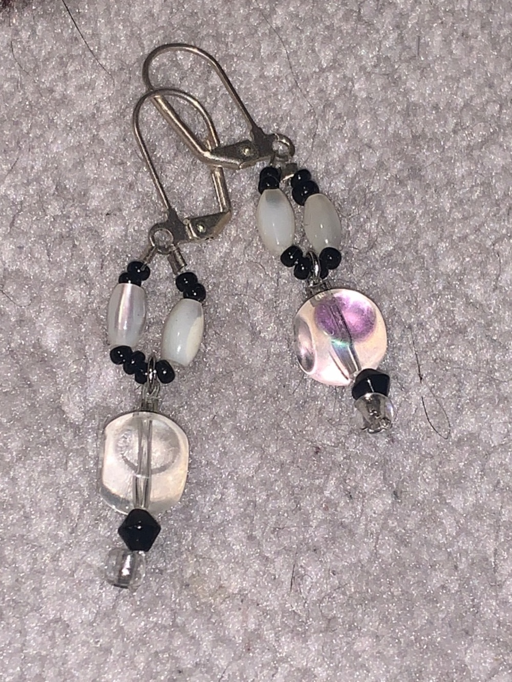 Iridescent White and Black Beaded Drop Earrings